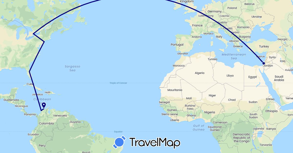 TravelMap itinerary: driving in Canada, Colombia, Israel, United States (Asia, North America, South America)